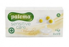 Papírové kapesníčky Paloma Sensitive Care Chamomile - čtyřvrstvé, 100% celulóza, heřmánek, 8 balíčků