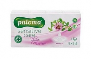 Papírové kapesníčky Paloma Sensitive Care Thyme - čtyřvrstvé, 100% celulóza, tymián, 8 balíčků