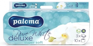 Toaletní papír Paloma DeLuxe Pure White - extra jemný, třívrstvý, 100% celulóza, čistě bílý, 150 útržků, 10 rolí