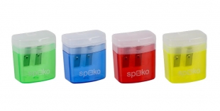 Plastové ořezávátko se zásobníkem Spoko Duo -  2 otvory, mix barev