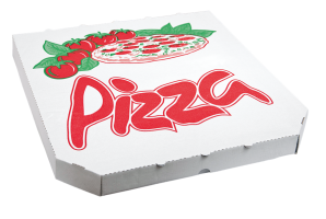 Krabice na pizzu - 34,5x34,5x3 cm, s motivem, bílá, 100 ks - DOPRODEJ