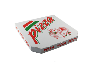 Krabice na pizzu - 34,5x34,5x4 cm, s motivem, bílá, 100 ks - DOPRODEJ