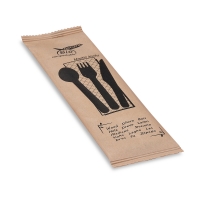 Dřevěná příborová sada (nůž, vidlička, lžíce, ubrousek) - hygienicky balená, hnědá, 50 ks