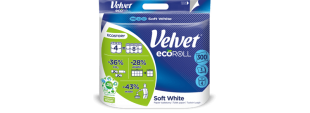 Toaletní papír Velvet EcoRoll Soft White - třívrstvý, 100% celulóza, 300 útržků, 4 role - DOPRODEJ
