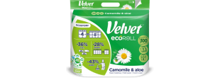 Toaletní papír Velvet EcoRoll Camomile & Aloe Vera - třívrstvý, 100% celulóza, 300 útržků, 4 role - DOPRODEJ