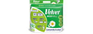Toaletní papír Velvet EcoRoll Camomile & Aloe Vera - třívrstvý, 100% celulóza, 300 útržků, 4 role