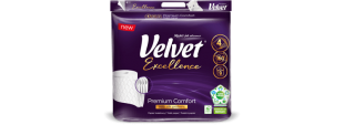 Toaletní papír Velvet Excellence Premium Comfort - čtyřvrstvý, 100% celulóza, 160 útržků, 9 rolí - DO VYPRODÁNÍ ZÁSOB
