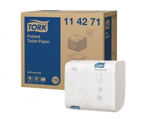 Skládaný toaletní papír Tork Folded 114271 - dvouvrstvý, 11x19 cm, 100% celulóza, bílý, systém T3, 8712 útržků