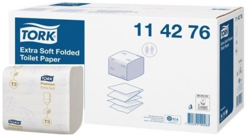 Extra jemný skládaný toaletní papír Tork Folded 114276 - dvouvrstvý, 11x19 cm, 100% celulóza, bílý, systém T3, 7560 útržků