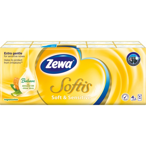 Papírové kapesníčky Zewa Softis Soft & Sensitive - čtyřvrstvé, 100% celulóza, 10 balíčků