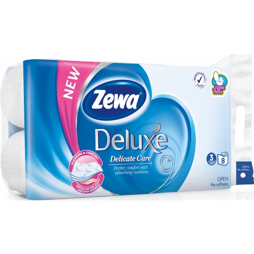 Toaletní papír Zewa Deluxe Delicate Care - třívrstvý, 100% celulóza, čistě bílý, 150 útržků, 8 rolí