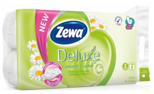 Toaletní papír Zewa Deluxe Camomile Comfort - třívrstvý, 100% celulóza, parfém heřmánek, 150 útržků, 8 rolí
