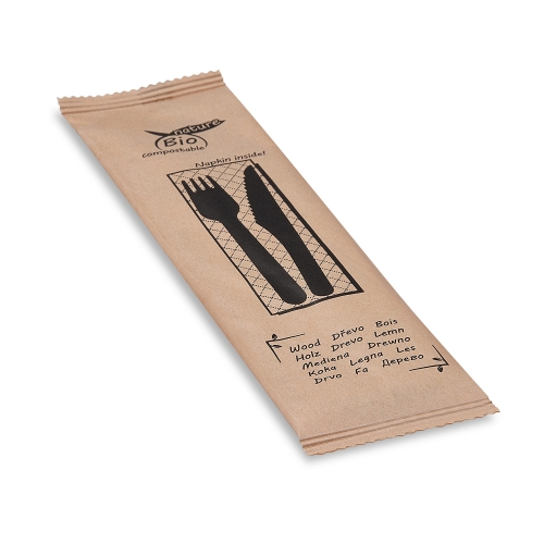 Dřevěná příborová sada (nůž, vidlička, ubrousek) - hygienicky balená, hnědá, 60 ks