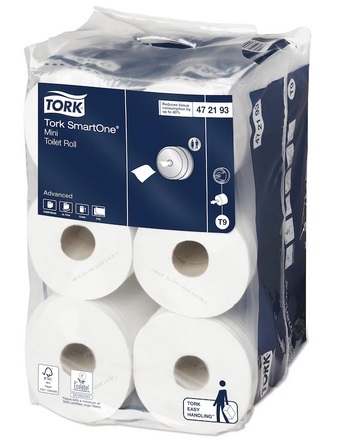 Toaletní papír Tork SmartOne Mini 472193 - dvouvrstvý, bělený recykl, 620 útržků, systém T9, 12 rolí
