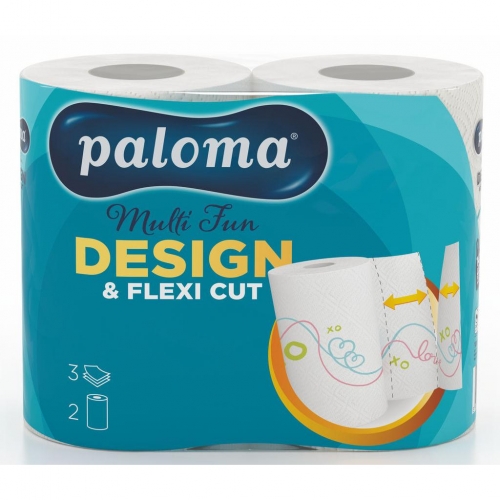 Kuchyňské utěrky Paloma Multi Fun Design & Flexi Cut - role, třívrstvé, 100% celulóza, s potiskem, 16,5 m, bílé, 2 role