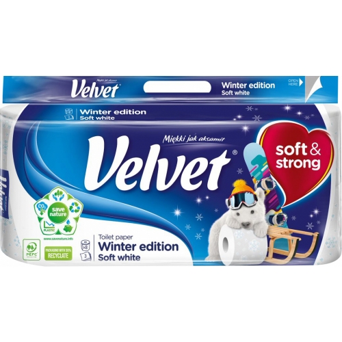 Toaletní papír Velvet Soft White Winter Edition - třívrstvý, 100% celulóza, 150 útržků, 8 rolí