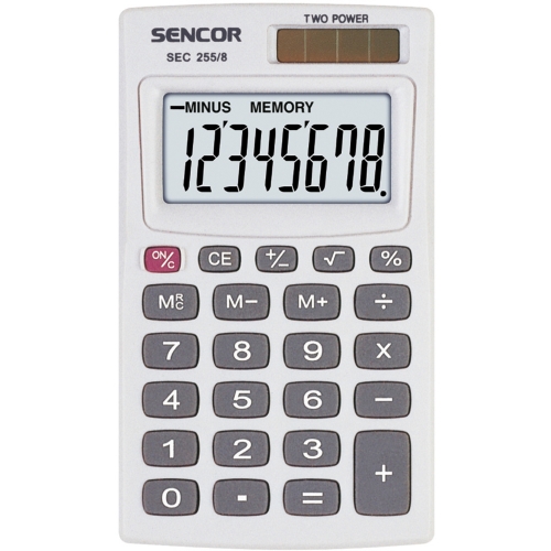 Kapesní kalkulačka Sencor SEC 255/8 Dual - 1 řádek, 8 znaků, bílá