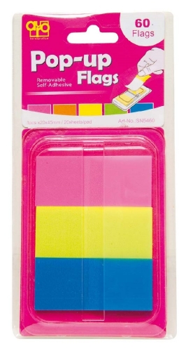 Samolepící záložky Auro Pop-up Flags - 20x45 mm, papírové, 3x20 listů, 3 barvy
