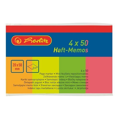Samolepicí záložky Herlitz Half-Memos - 50x20 mm, papírové, 4x50 listů, neon, 4 barvy