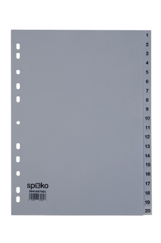 Plastový rozdružovač A4 Spoko - šedý, děrování, číslování 1-20