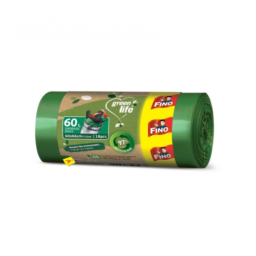 Recyklovaný sáček do koše 60 l Fino LD Green Life - 60x66+13 cm, 27 my, zelený, 18 ks