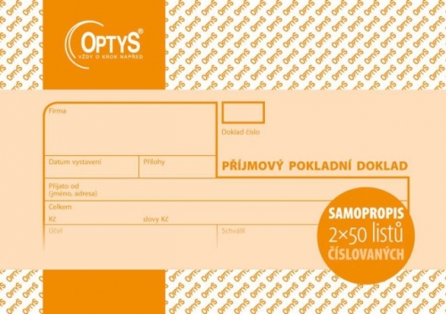 Příjmový pokladní doklad se stvrzenkou Optys - číslovaný, samopropisovací, A6, 2x50 listů